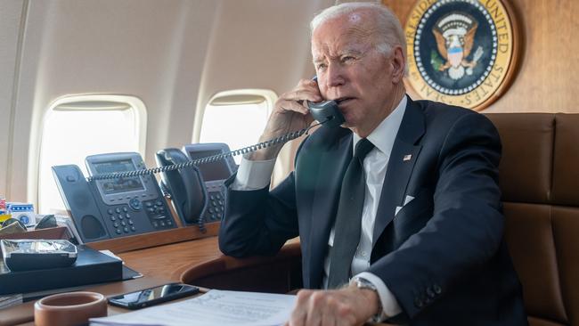 President Joe Biden talks on the phone aboard Air Force One in 2022. Picture: Adam Schultz/White House