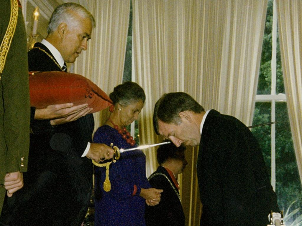 Ron Brierley being knighted in Wellington in May 1988. He has since forfeited the title. Picture: Wikipedia