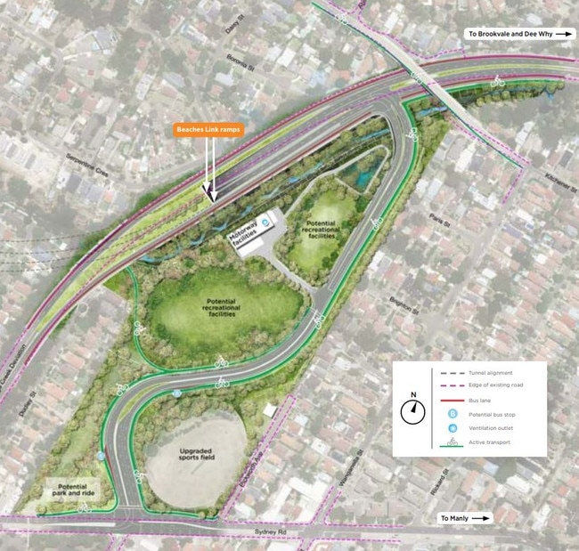 An artist’s impression from the plan showing how Balgowlah Golf Course could be affected by new open space and a link road joining Burnt Bridge Creek Deviation to Sydney Rd Picture: NSW