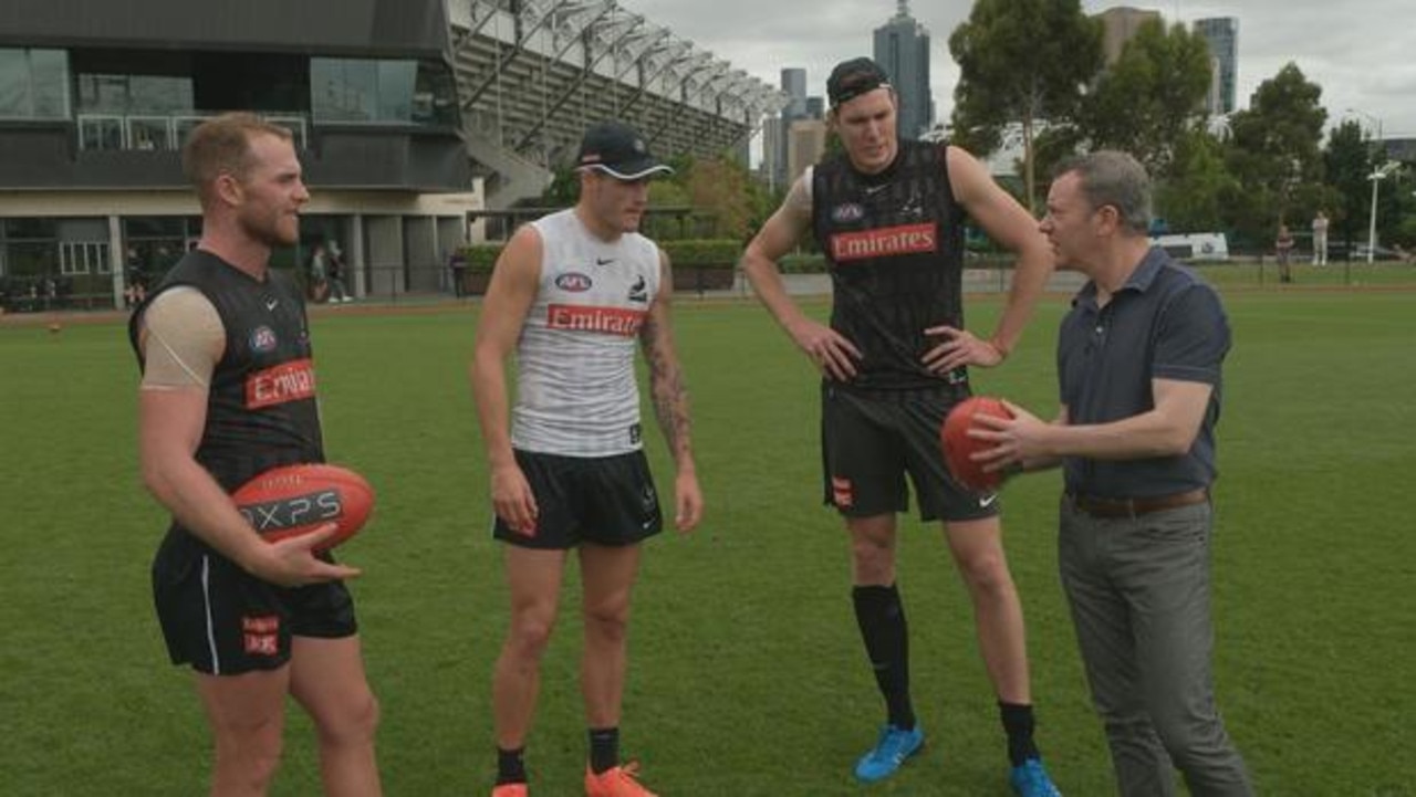 Mason Cox (second right) with Collingwood teammates Jack Crisp (second left) and Tom Mitchell (left) in a 60 Minutes episode.