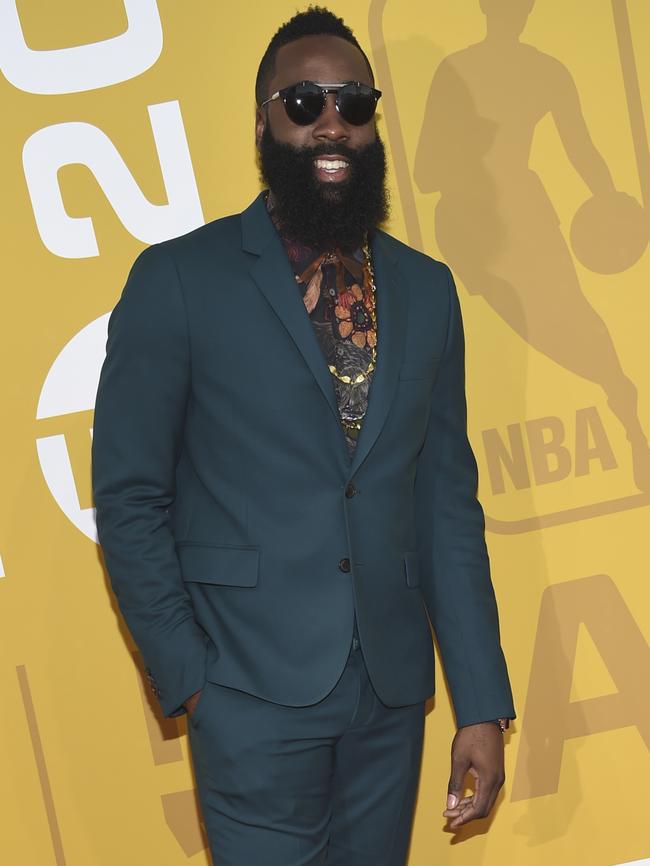 Who knows what’s going on with that shirt on James Harden, but the beard harks to an ex-AFL star. Picture: AP