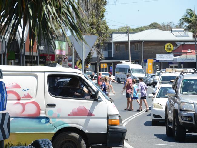 Heavy traffic in Byron Bay on Monday, November 23, 2020. The town has been busy as school-leavers prepare to celebrate an informal schoolies and other travellers have been flocking to the seaside town. Picture: Liana Boss