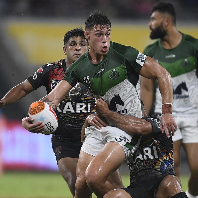 Jordan Riki was one of the best for the Maori All Stars against the Indigenous All Stars at Queensland Country Bank Stadium. Picture: Ian Hitchcock/Getty Images