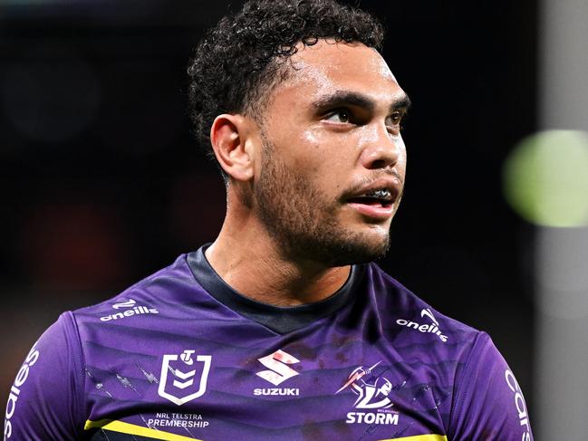 BRISBANE, AUSTRALIA - MAY 19: Xavier Coates of the Storm looks on during the round 11 NRL match between Melbourne Storm and Parramatta Eels at Suncorp Stadium, on May 19, 2024, in Brisbane, Australia. (Photo by Bradley Kanaris/Getty Images)