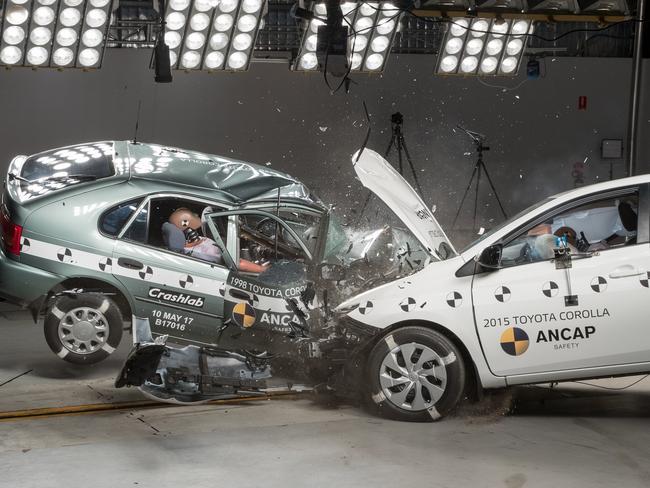 EMBARGOED. DO NOT PUBLISH UNTIL FRIDAY MAY 12, 4pm. Photo of 1998 Toyota Corolla and 2015 Toyota Corolla crashing into each other at ANCAP headquarters in Sydney on May 10.