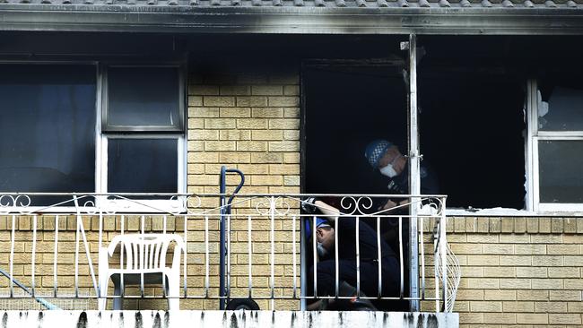 Police investigators on the scene after a man died in an apartment fire at 41 Campbell street, Parramatta. Picture: John Appleyard