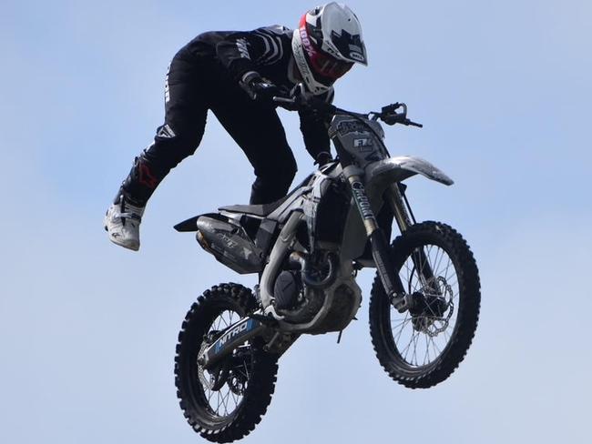 Freestyle Motocross rider Jake Holloday performing at the Mackay Show. Picture: Matthew Forrest