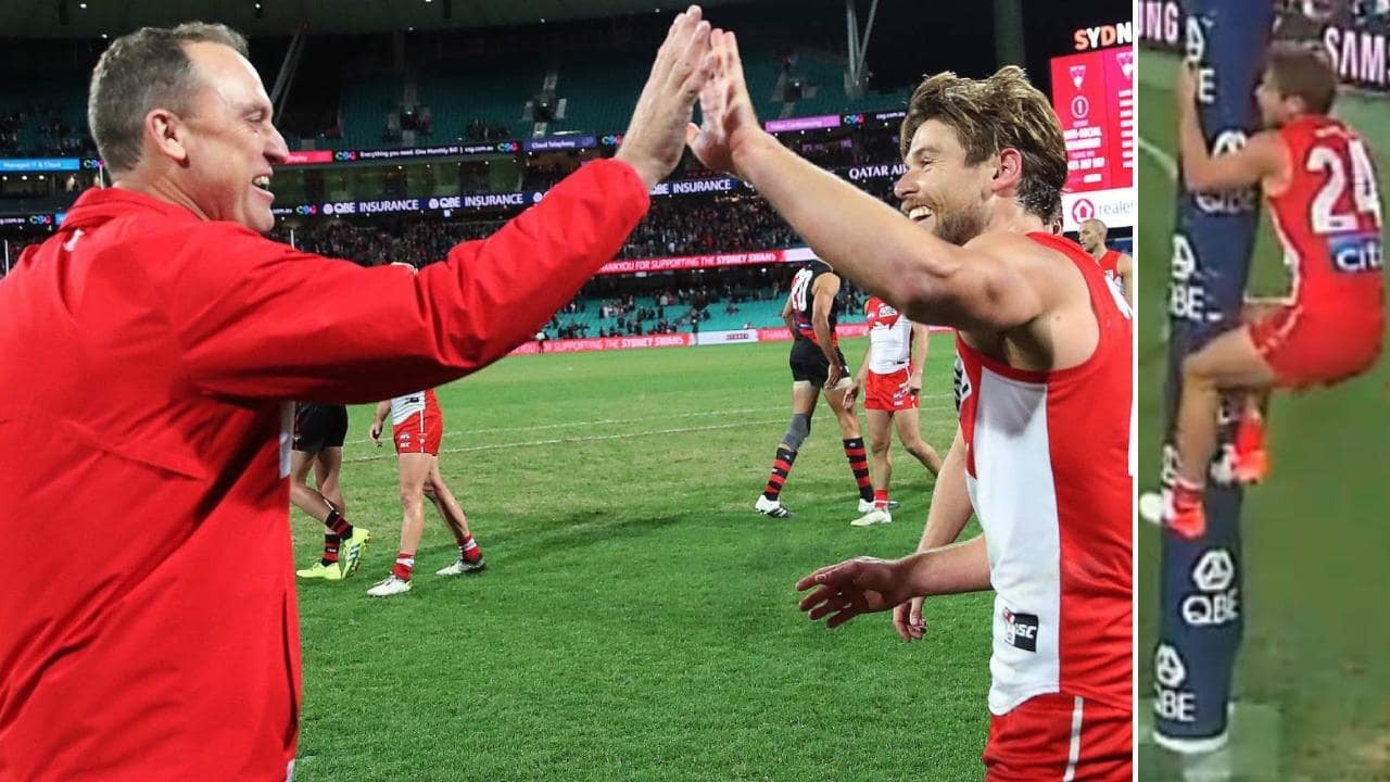Sydney's Dane Rampe has been fined for climbing the goalpost and a comment made to an umpire against Essendon.