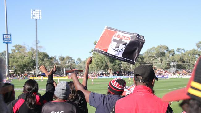 Saints fans celebrate a couple of early goals. Picture: Gera Kazakov
