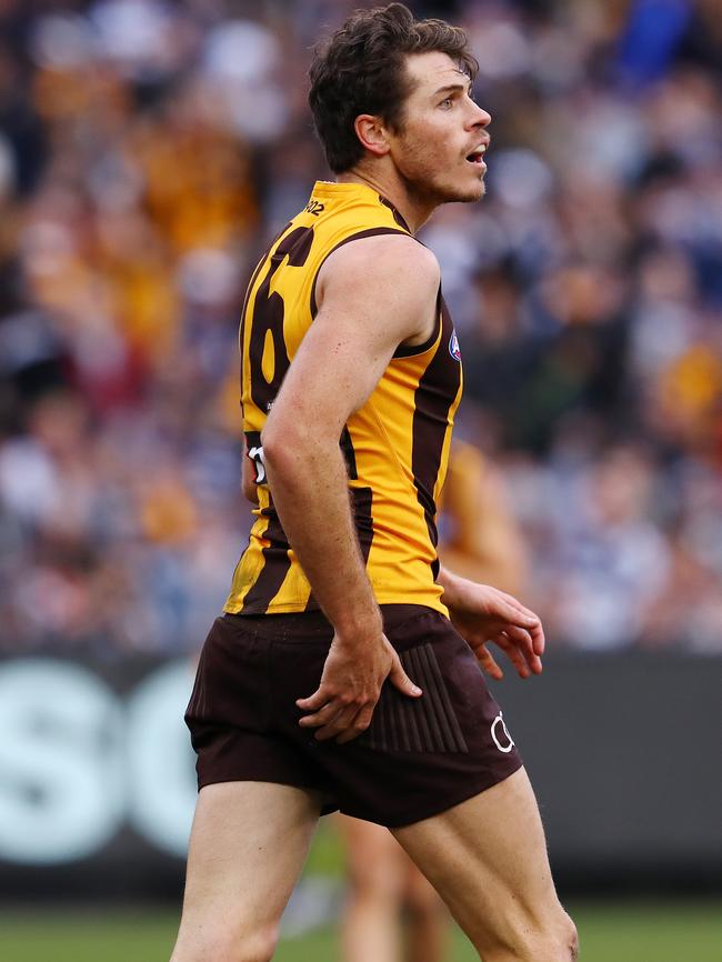 Hawthorn's Isaac Smith reacts after missing his shot on goal. Picture: Michael Klein