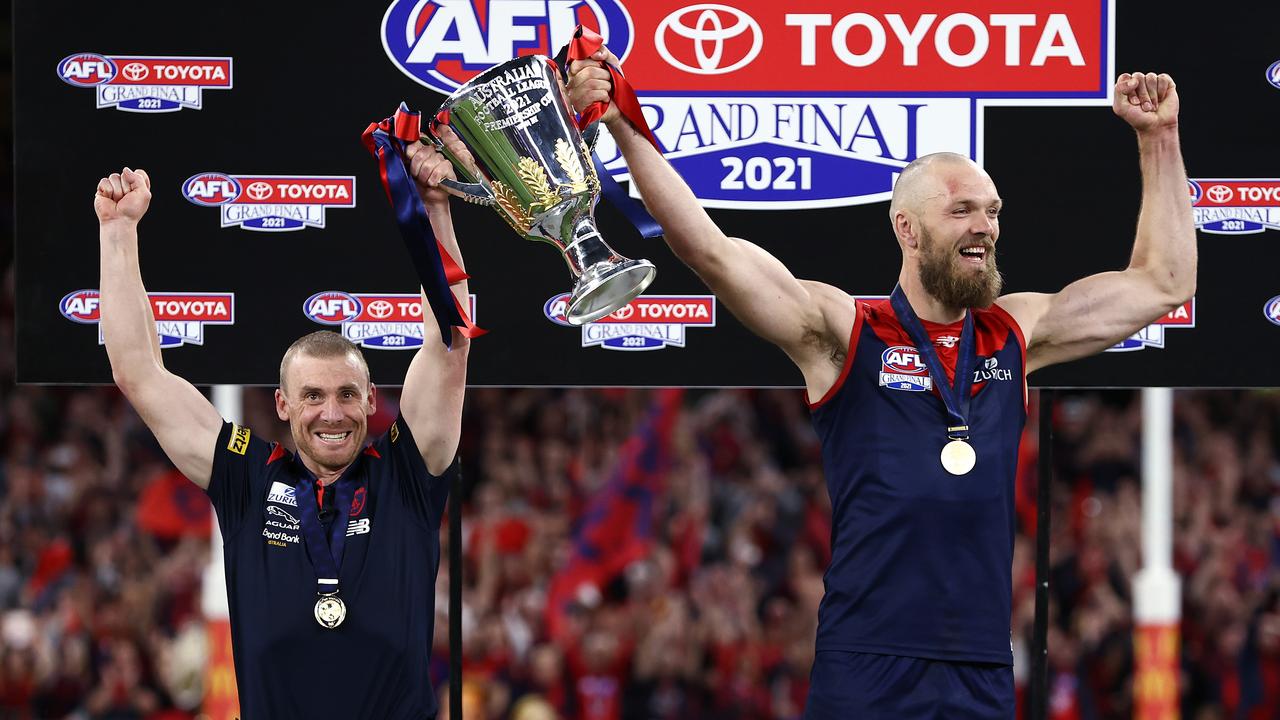 PERTH. 25/09/2021. AFL Grand Final. Melbourne vs Western Bulldogs at Optus Stadium, Perth. . Simon Goodwin, senior coach of the Demons and skipper Max Gawn on the podium. Photo by Michael Klein