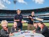Luke, 7, Mieka, 8, Vlad, 9 and Mia, 10 from South Melbourne Park Primary school Pic of cricketers Will Pukovski (Vic), Meg Lanning (Aus captain) teaching a class of kids at the MCG for story on a new schools curriculum focused on student well being.  Picture: Jason Edwards
