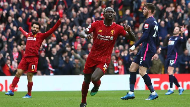 Liverpool striker Sadio Mane celebrates scoring his team’s second goal against Bournemouth at Anfield. Picture: AFP