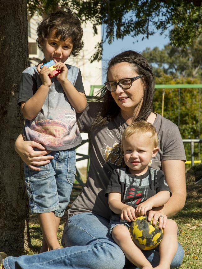 Clermont mother Peta Costigan with sons Tade, 2, and Jaxon, 4. Picture: Daryl Wright