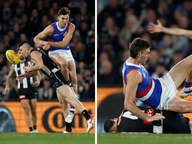 Sam Darcy's hit on Brayden Maynard. Photos: Getty Images