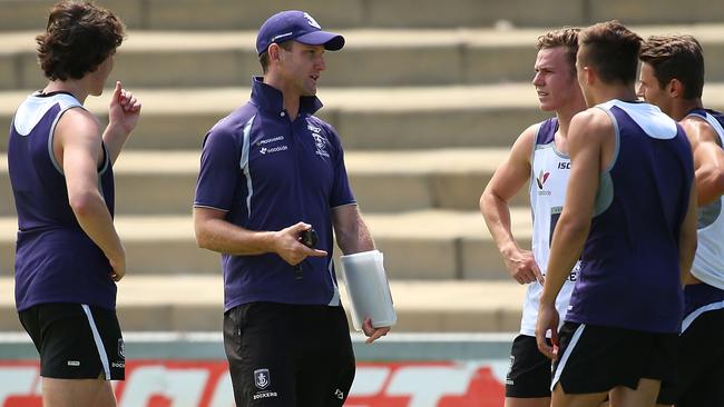 Fitness guru Michael Dobbin (hat) during his time at Freo. Picture: Getty