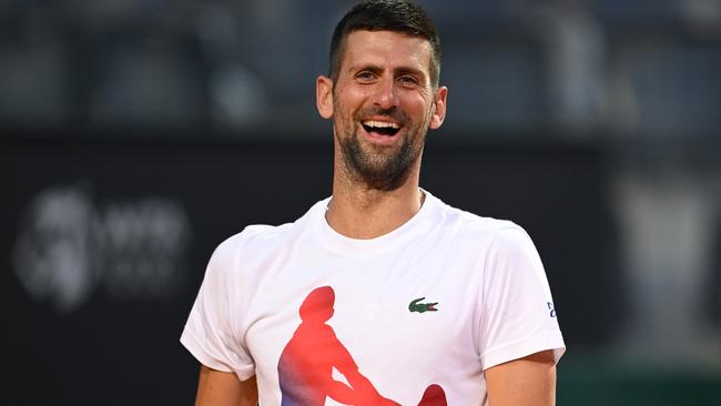 ROME, ITALY - MAY 06: Novak Djokovic of Serbia reacts during a training session during the Internazionali BNL D'Italia 2024 at Foro Italico on May 06, 2024 in Rome, Italy. (Photo by Tullio Puglia/Getty Images)