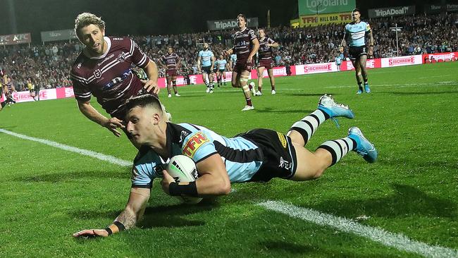 Cronulla's Bronson Xerri scores against Manly at Lottoland last season. Picture. Phil Hillyard