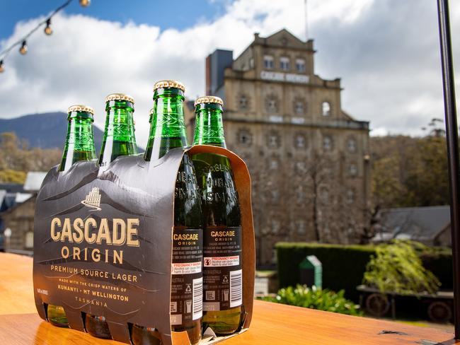 Cascade origin six packs feature Cascade Brewery with the silhouette of the mountain and thylacine stripes. Picture: Linda Higginson