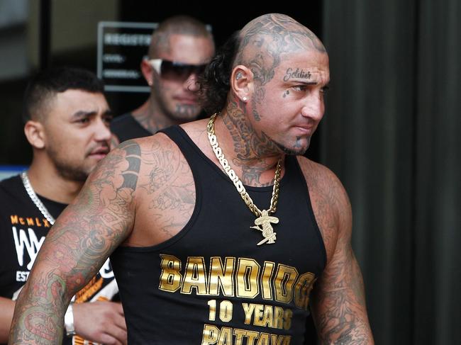 Bandidos Motorcycle Club members leaving Southport Courthouse  John Fahey (singlet and gold Chain)