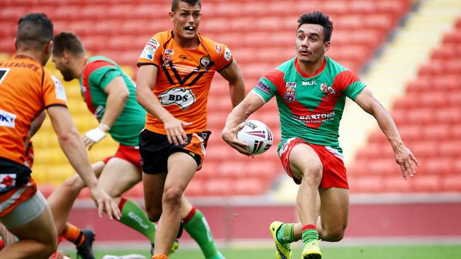 Brent Woolf (right), while playing FOGS Colts for Wynnum Manly in 2016. Picture: Peter Cronin