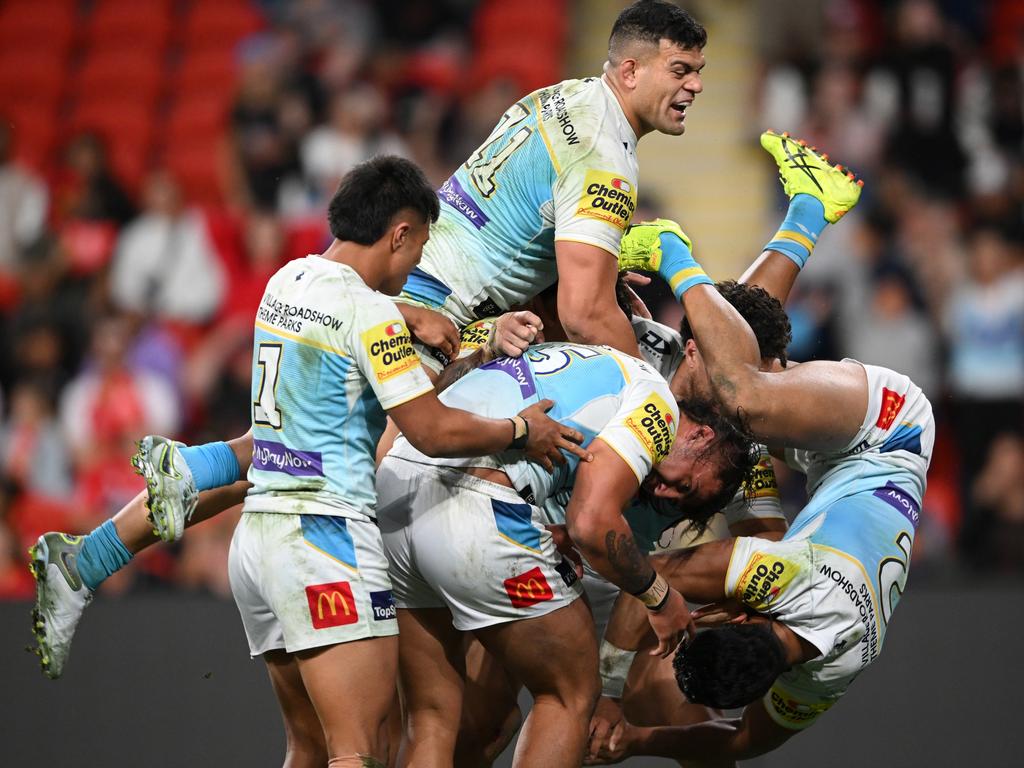 The Titans celebrate a try to Klese Haas. Picture: Matt Roberts/Getty Images