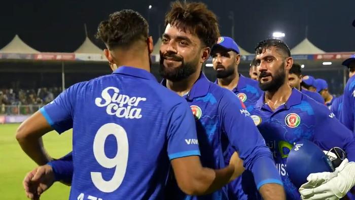 Rashid Khan celebrates Afghanistan's win over South Africa