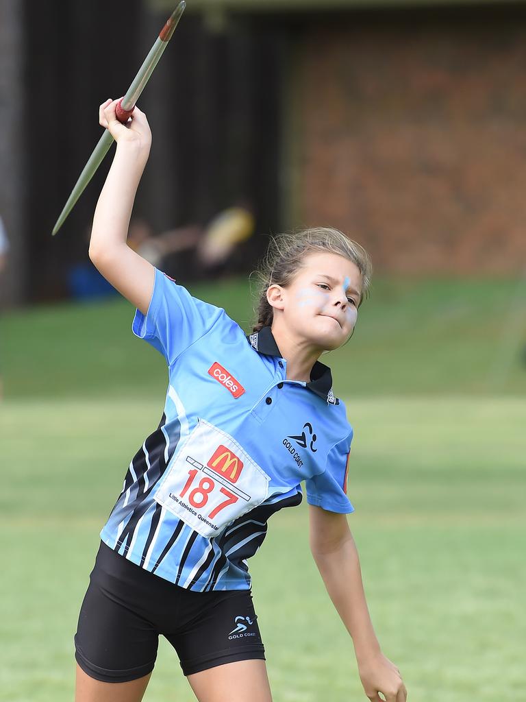 South Coast Little Athletics Titles at Pizzey Park in Miami. Javelin event. Violet A'Bell. Picture: Lawrence Pinder