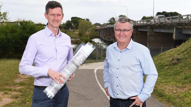 Transport and Main Roads Minister Mark Bailey and Member for Mundingburra Les Walker make an announcement about upgrades to the bridge on Bowen Road. Picture: Shae Beplate.