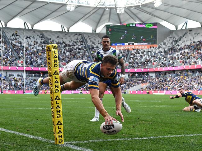 Ethan Parry scores a try during the Round 19 NRL match between the Parramatta Eels and the New Zealand Warriors at Bankwest Stadium. Picture: AAP Image/Dan Himbrechts