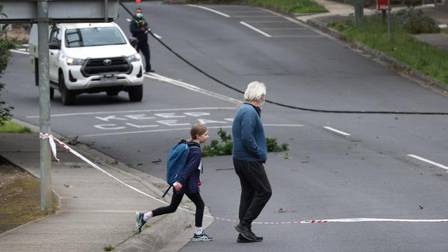 A parent and child crossing Main Road, Eltham near fallen powerlines. Picture: David Caird