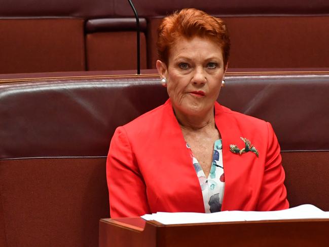 CANBERRA, AUSTRALIA - MARCH 18:  Senator Pauline Hanson during Senate business in the Senate at Parliament House on March 18, 2021 in Canberra, Australia.  (Photo by Sam Mooy/Getty Images)