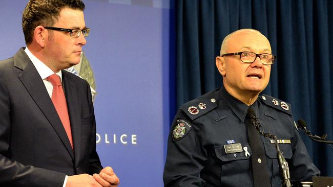 Former Victoria Police Chief Commissioner Ken Lay and premier Daniel Andrews. Picture: Steve Tanner