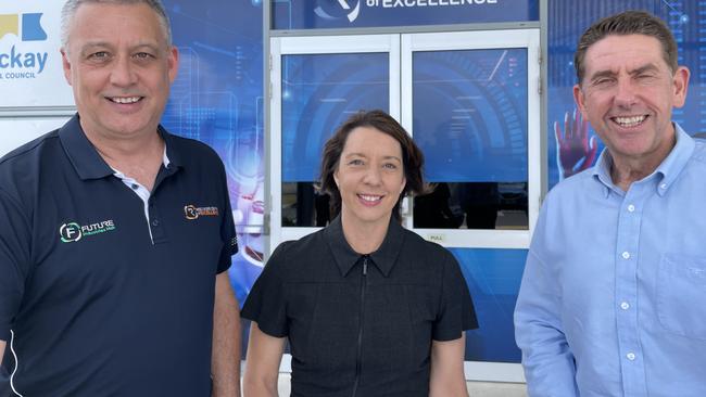 Deputy Premier Cameron Dick, Mackay candidate Belinda Hassan and Resources Centre of Excellence CEO Steve Boxall announce a $5m commitment to the centre. Photo: Fergus Gregg