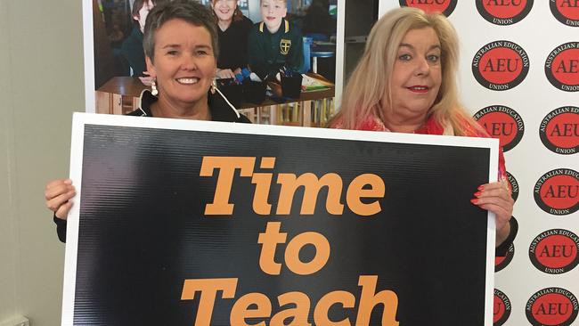 Clarendon Vale Primary School support teacher Leanne Clifford (left) and Australian Education Union Tasmania branch president Helen Richardson want the teachers’ wages dispute with the State Government to be resolved this week. Picture: JIM ALOUAT