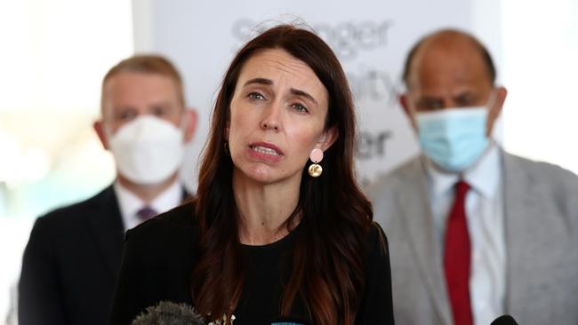 Jacinda Ardern speaks to media as she promotes the Covid-19 booster vaccine in early 2022.