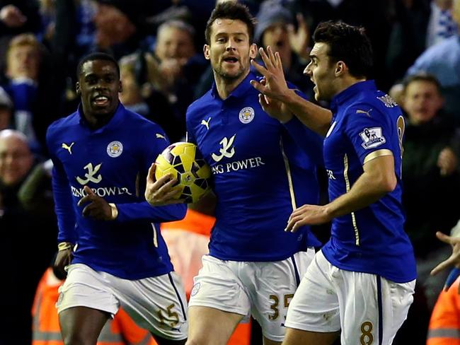 David Nugent of Leicester City celebrates after scoring his team's first goal.