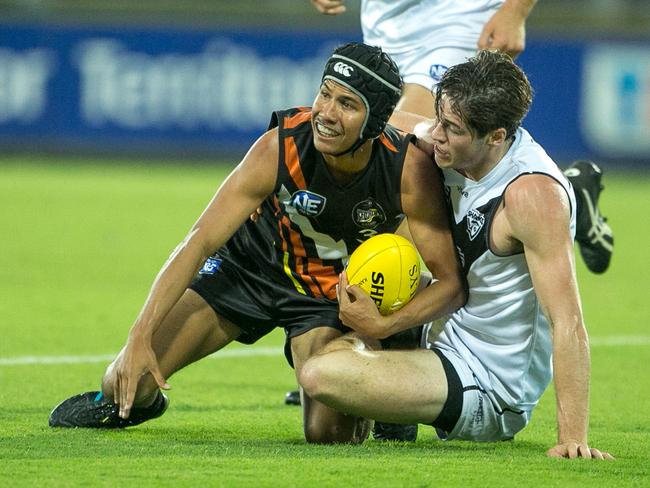 Benjamin Rioli ( Ball ) as the NT Thunder V Southport at TIO Stadium. Pic Glenn Campbell