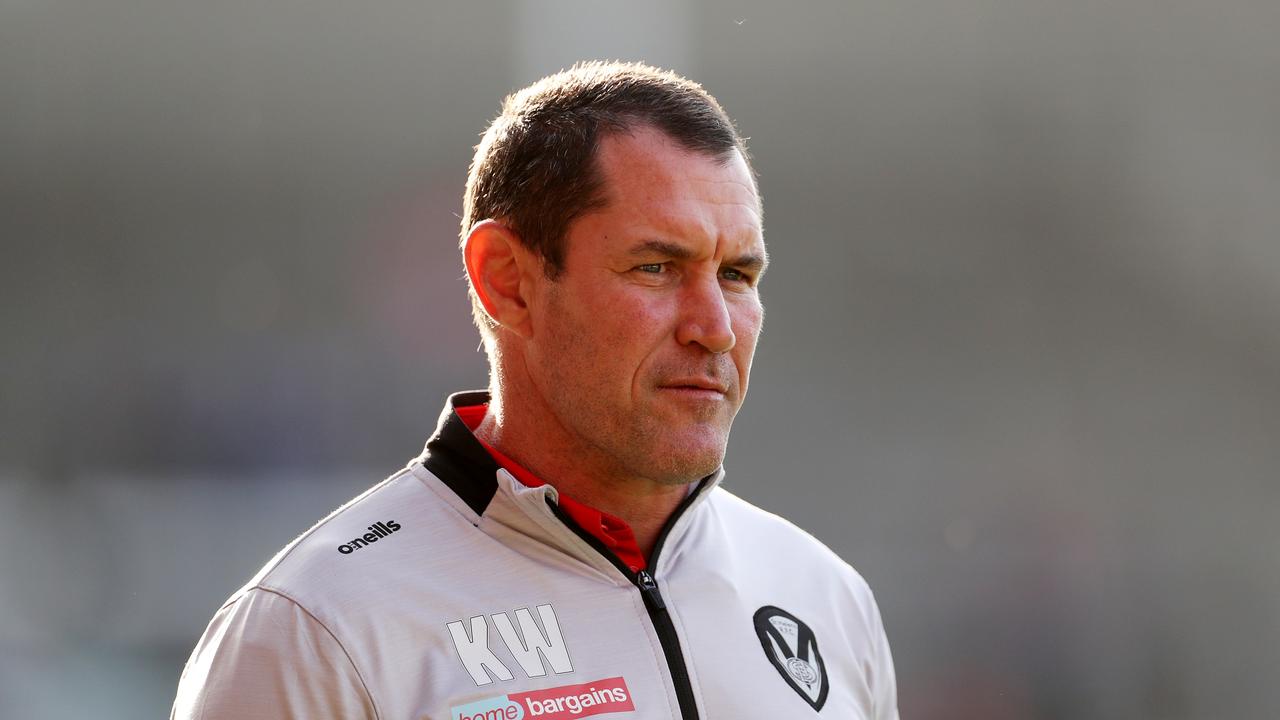 ST HELENS, ENGLAND – MAY 13: Kristian Woolf, Head Coach of St Helens looks on prior to the Betfred Super League Round 12 match between St Helens and Hull FC at Totally Wicked Stadium on May 13, 2022 in St Helens, England. (Photo by Lewis Storey/Getty Images)