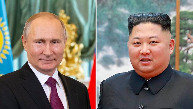 This combination of files pictures made on April 18, 2019, shows portraits of Russian President Vladimir Putin taken , April 3, 2019 in Moscow and is file photo taken on October 7, 2018 and of North Korea's leader Kim Jong Un ( a handout released by North Korea's official Korean Central News Agency (KCNA) via KNS) taken on October 8, 2018 in Pyongyang. - North Korea's leader Kim Jong Un will visit Russia for talks with Vladimir Putin this month, the Kremlin said on April 18, 2019, as tensions between Washington and Pyongyang spiked higher. (Photo by Alexander Zemlianichenko and Handout / various sources / AFP) / South Korea OUT / ---EDITORS NOTE--- RESTRICTED TO EDITORIAL USE - MANDATORY CREDIT 