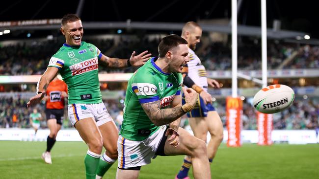 CANBERRA, AUSTRALIA - APRIL 07: James Schiller of the Raiders celebrates scoring a try during the round five NRL match between Canberra Raiders and Parramatta Eels at GIO Stadium, on April 07, 2024, in Canberra, Australia. (Photo by Mark Nolan/Getty Images)