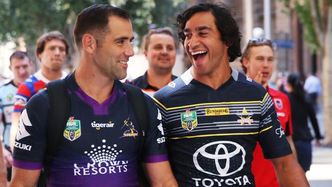 Cameron Smith and Johnathan Thurston make their way with the Captains of the sixteen teams to the NRL Season Launch for 2017 in Martin Place, Sydney. Picture. Phil Hillyard