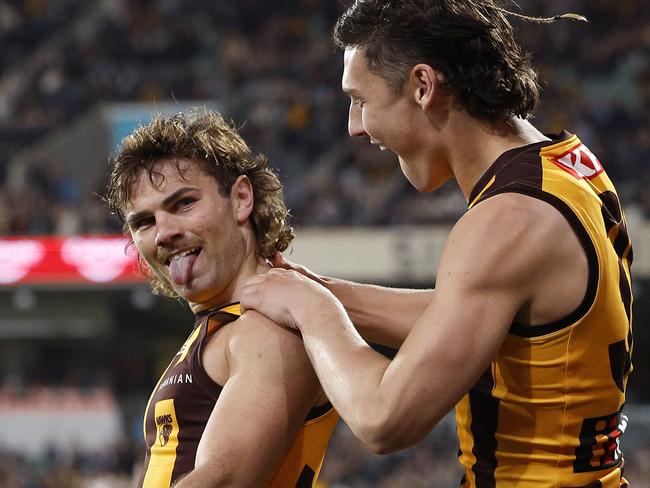 NCA. ADELAIDE, AUSTRALIA. September 13, 2024. AFL Semi Finals. Hawthorn vs Port Adelaide at the Adelaide Oval. Hawthorns Nick Watson after kicking a goal in the third quarter. Picture: Michael Klein