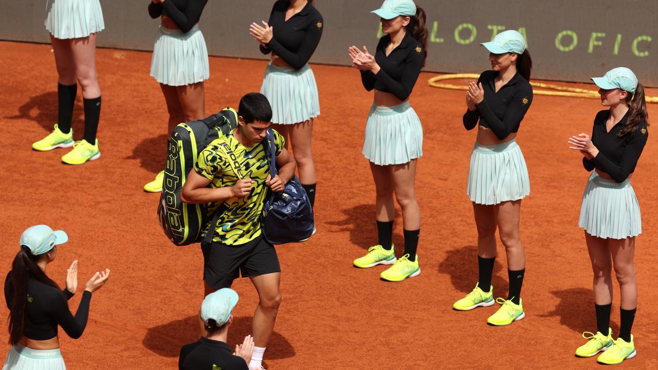 MADRID, SPAIN – MAY 02: Carlos Alcaraz of Spain walks out onto the court prior to the Fourth Round match on Day Nine of the Mutua Madrid Open at La Caja Magica on May 02, 2023 in Madrid, Spain. (Photo by Clive Brunskill/Getty Images)