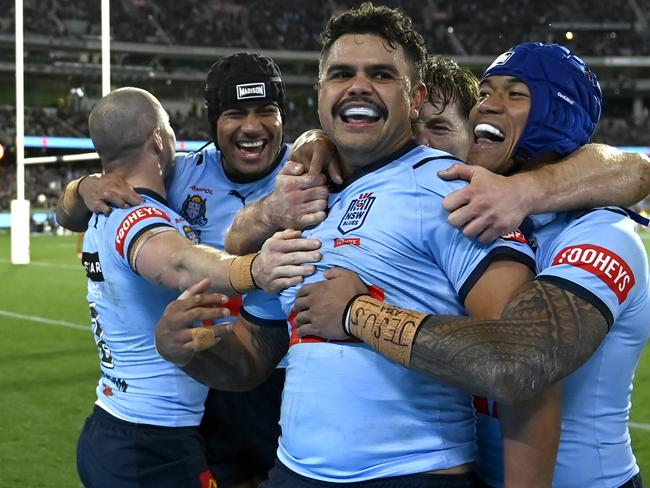 NRL- State of Origin 2- NSW Blues v QLD Maroons at the MCG ,Melbourne.  Latrell Mitchell try celebration Picture: NRL Photos/Gregg Porteous