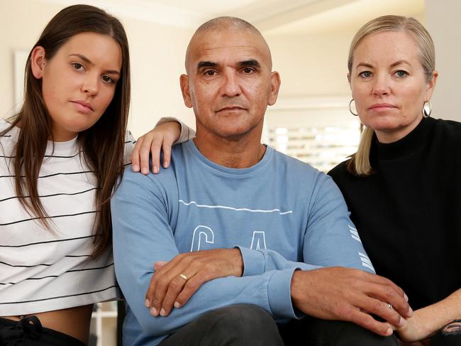 Rod Silva pictured with his wife Deb and daughter Keely, 20, at their Yowie Bay home. Rod is a former Sydney Roosters and Canterbury Bulldogs NRL player who now is a police officer and White Ribbon Ambassador committed to standing up and speaking out to end violence against women. Picture: Jonathan Ng