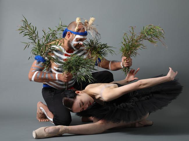 WA Ballet is putting a Noongar spin on the traditional ballet of Swan Lake, starring dancer Kyle Morrison with ballerina Kiki Saito. Picture: Philip Gostelow.