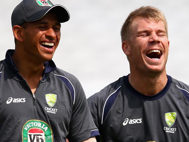 NOTTINGHAM, ENGLAND - JULY 08: David Warner of Australia and Usman Khawaja of Australia look on during an Australian Training Session at Trent Bridge on July 8, 2013 in Nottingham, England. (Photo by Ryan Pierse/Getty Images)
