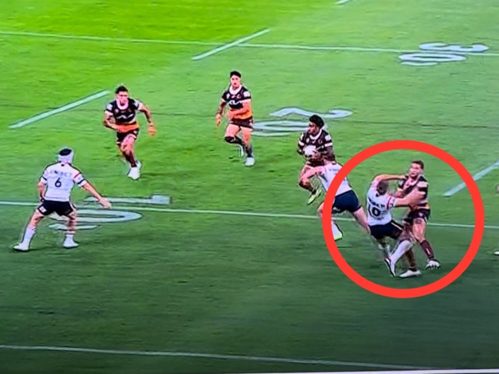 Pat Carrigan takes out Lindsay Collins in the lead up to the Broncos' opening try of the game. Pic: Fox League