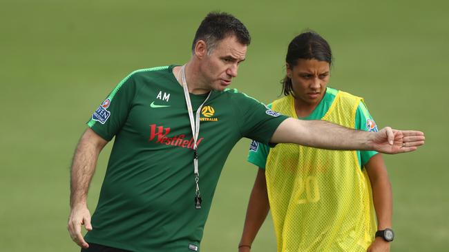 Coach Ante Milicic talks with Sam Kerr during training. Picture: Getty